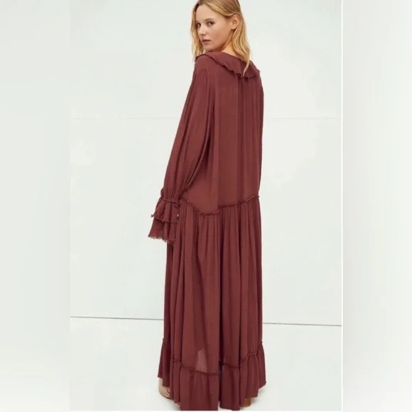 Free People Sweet Darling Long Sleeve Ruffle Dress in Brown -Boho -Size: S NWT! - Picture 6 of 11